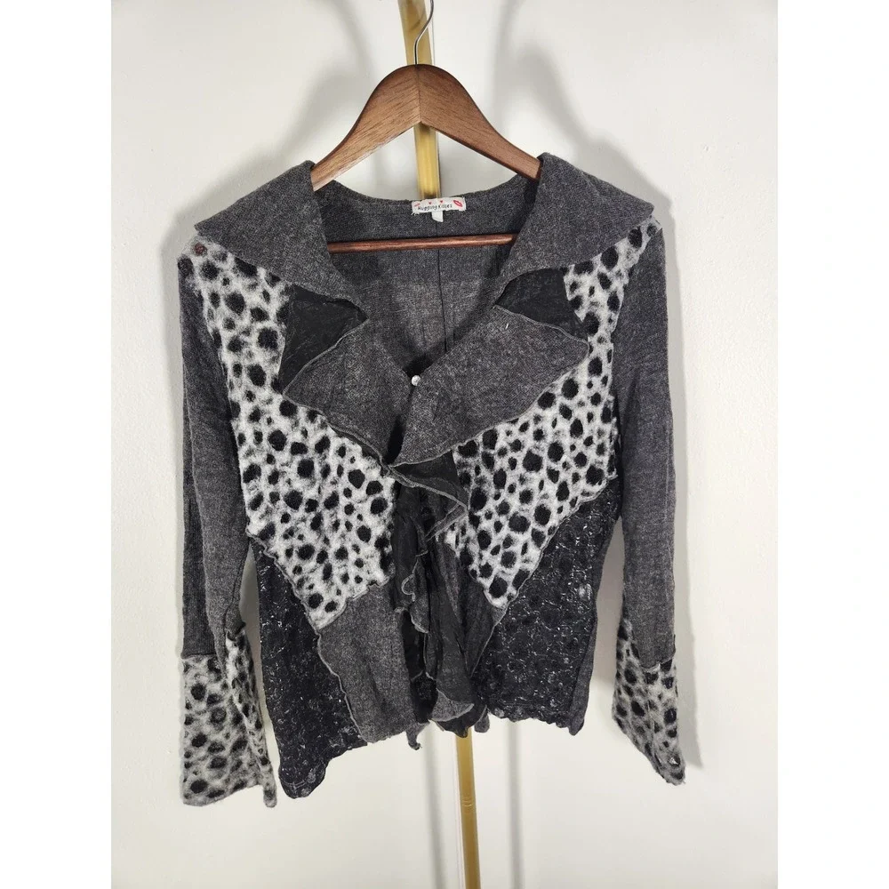 Hugging Kisses Black Mixed Media Leopard Print Ruffled Button Cardigan Size XL‎